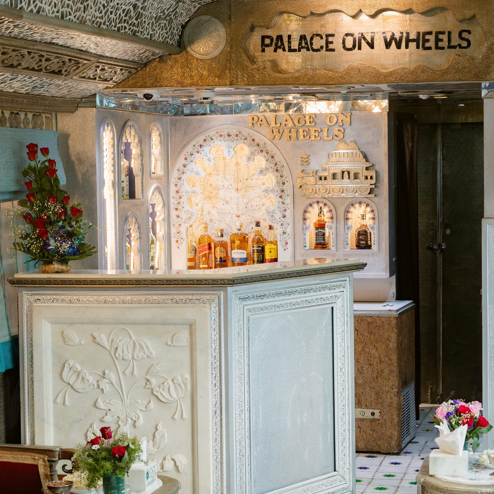 Palace on Wheels Lounge and Bar car with royal red velvet seating