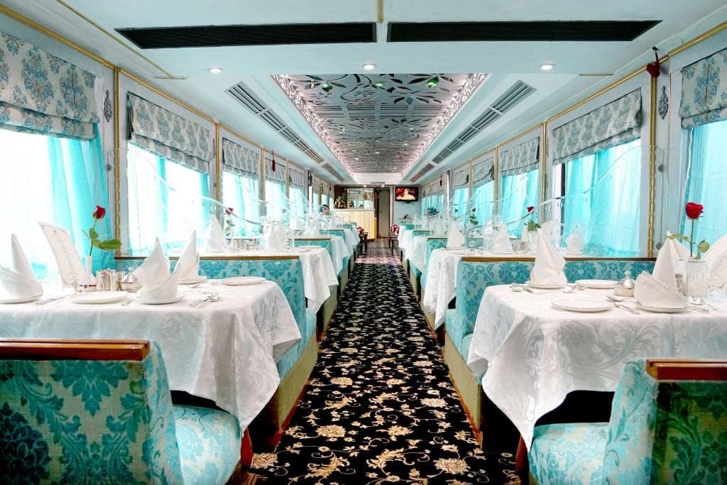 Palace on Wheels dining car interior — Rajasthani-style restaurant carriage