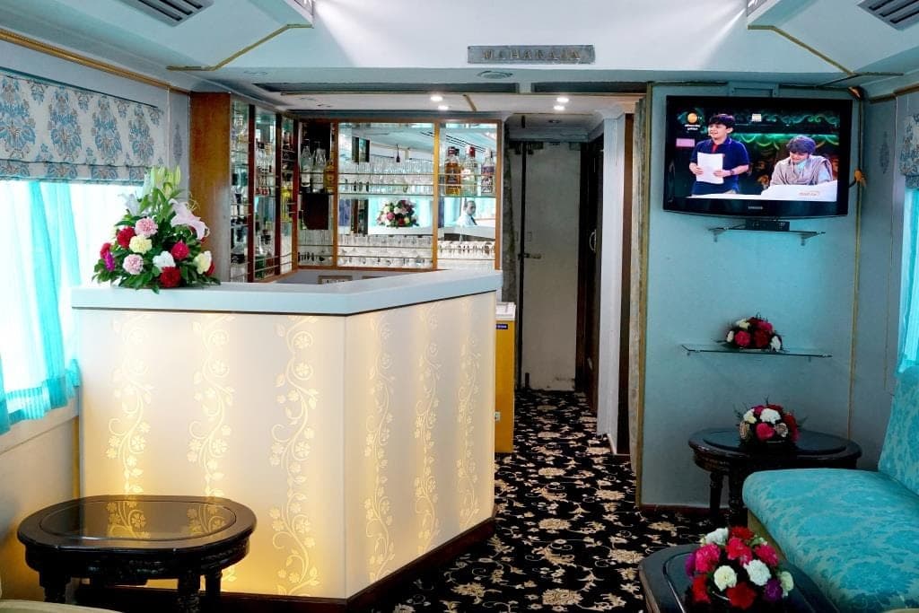 Maharaja restaurant car bar counter aboard Palace on Wheels